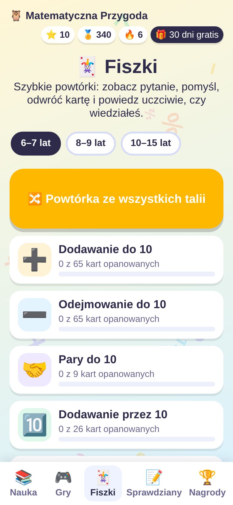 Talie fiszek z postępem