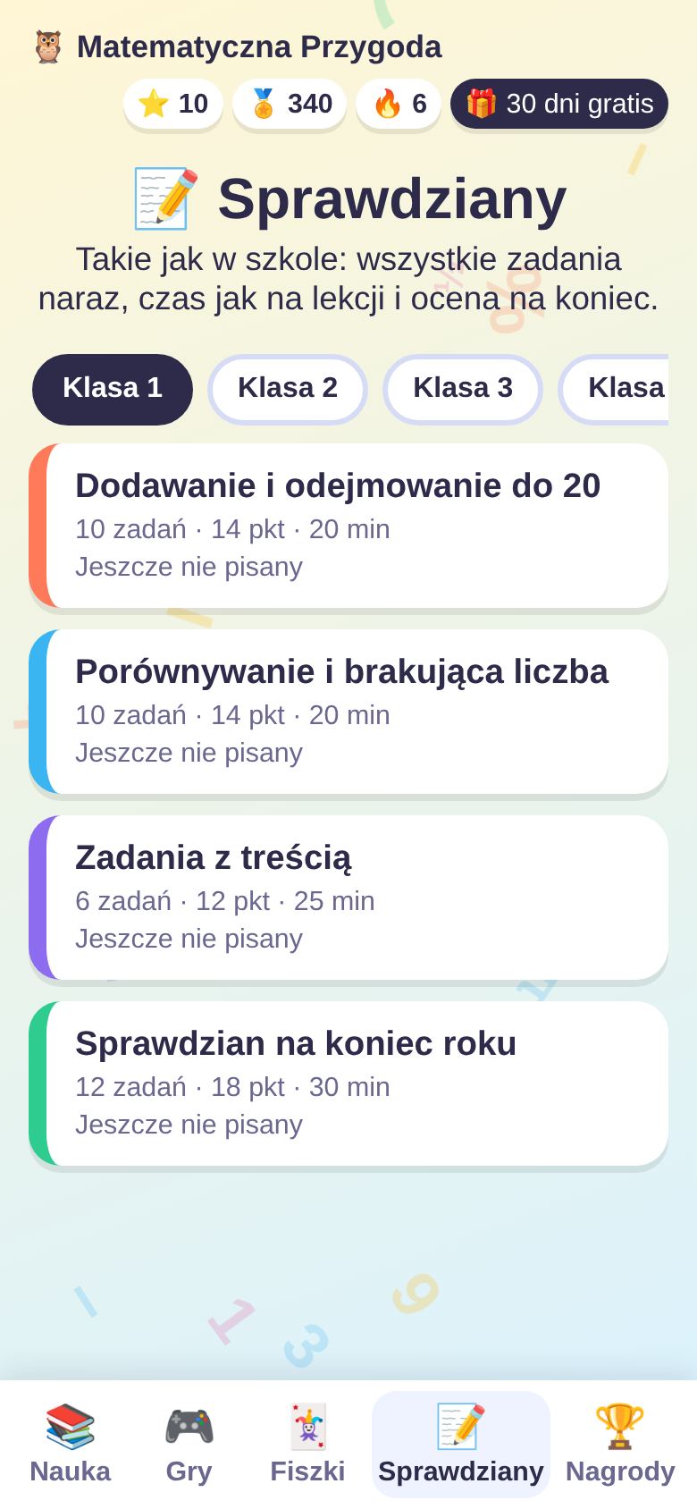 Lista sprawdzianów dla klas